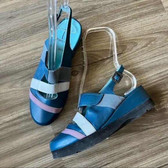 Thierry Rabotin Blue Almond Wedge Striped Sandal Heels